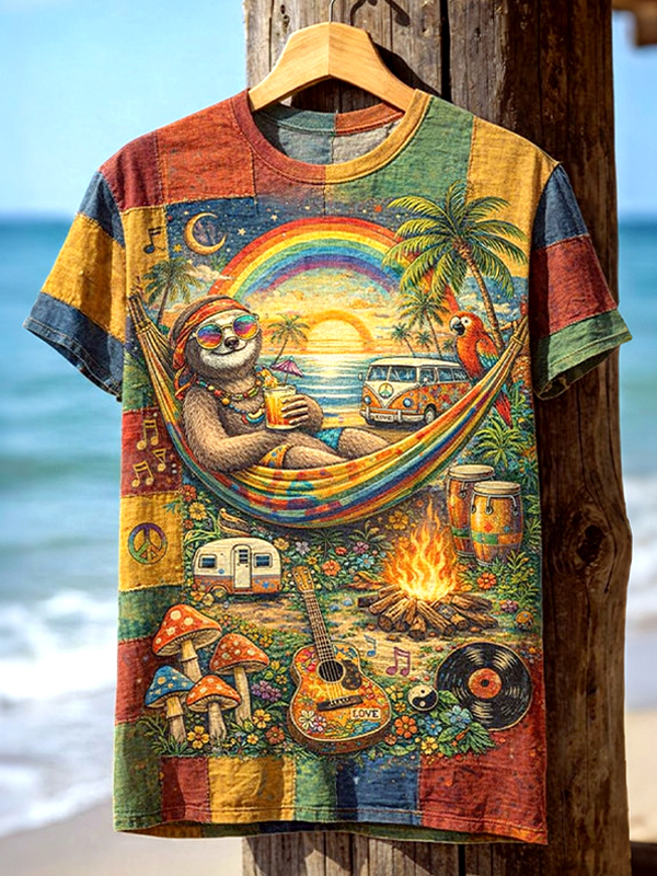 Men's Hippie Sloth Vacation Art Print T-Shirt