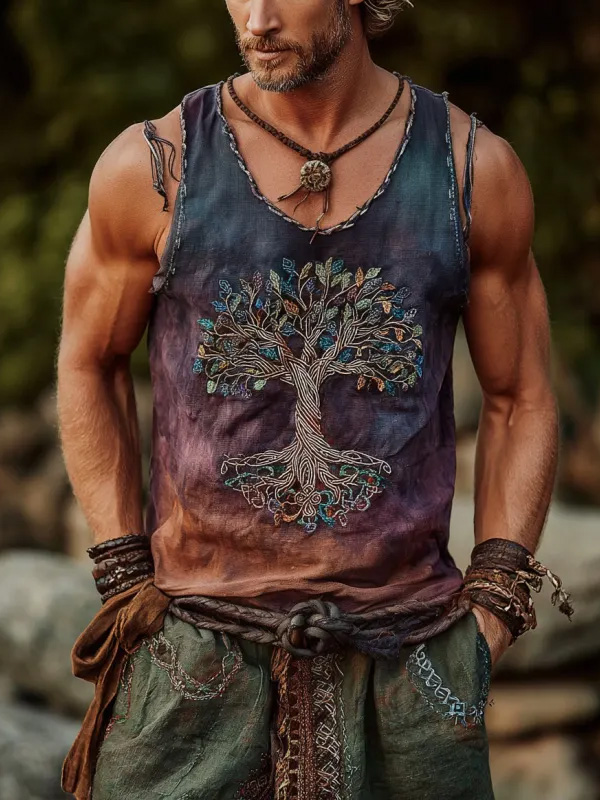Men's Retro Viking Tree of Life Gradient Print Tank Top