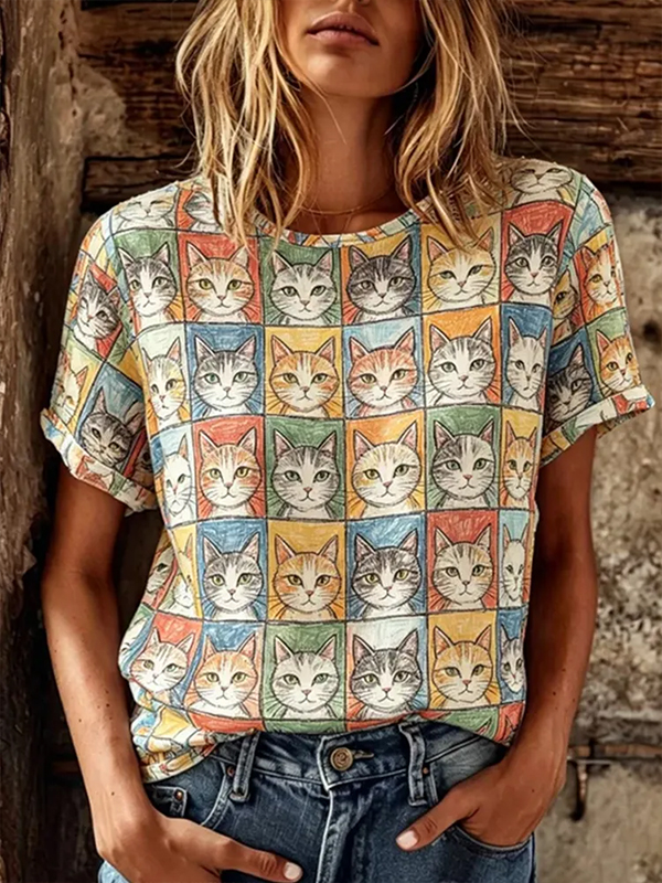 Women's Cute Cat Grid Art Print Casual T-Shirt
