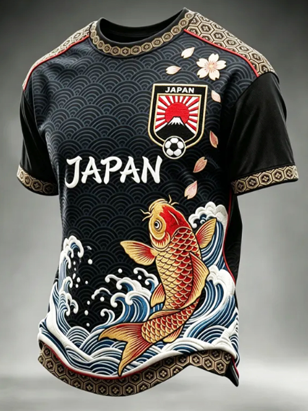 Men's Japan Koi Fish Cherry Blossom Wave Vintage Football Print T-Shirt