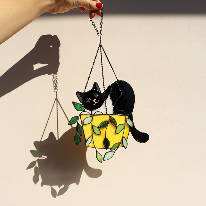 🔥LAST DAY 49% OFF-Cat in a flowerpot Suncatcher Stained Glass Window Hangins😽