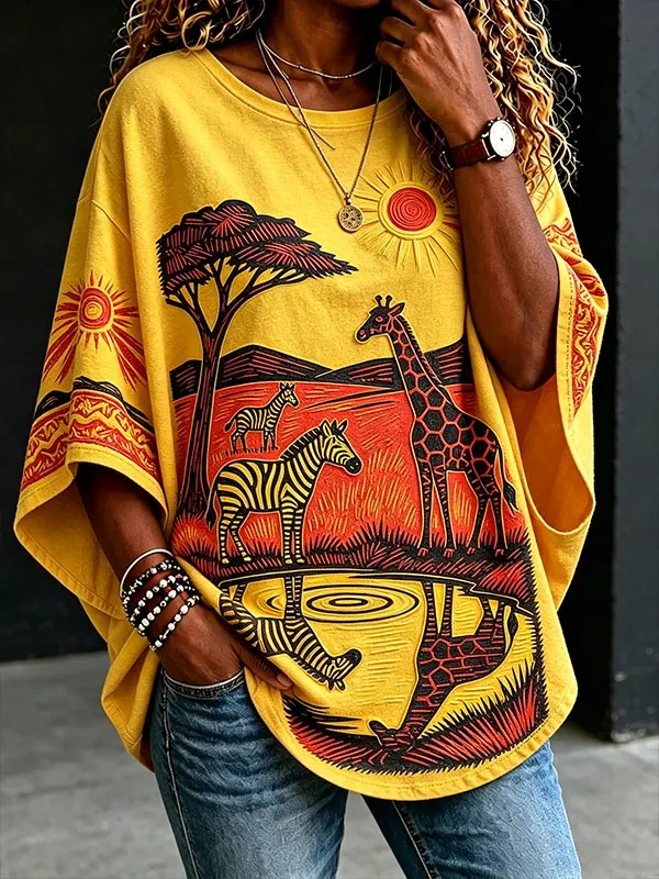 Women's African Savannah Giraffe Zebra Tree Sunset Art Print Casual T-Shirt