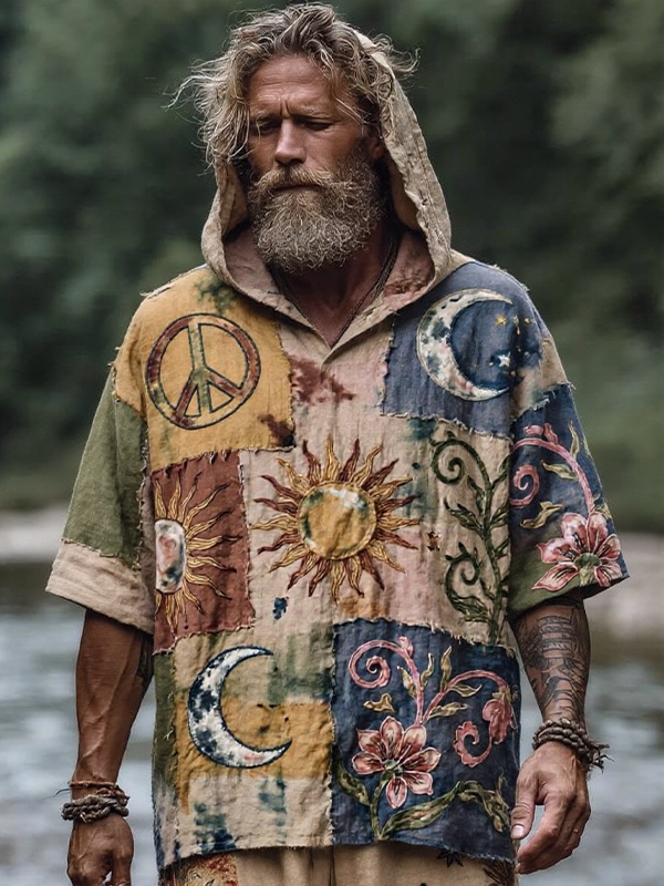 Men's Retro Hippie Art Sun Moon Pattern Casual Hooded T-Shirt