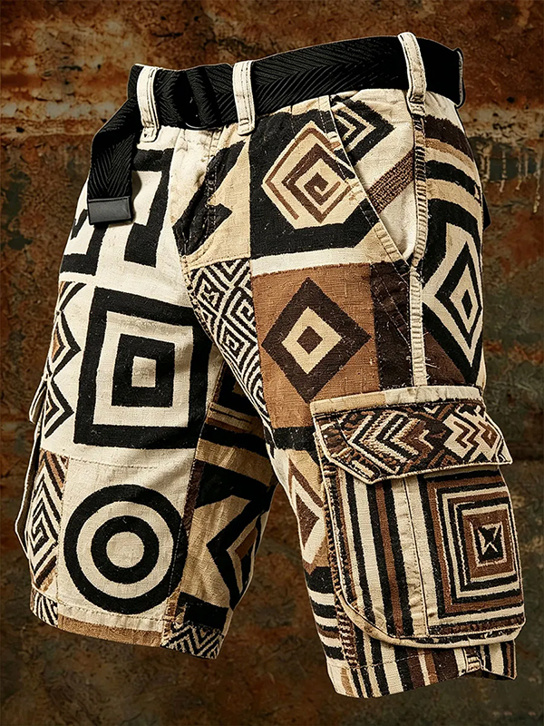 Men's Retro Geometric Ethnic Pattern Patchwork Art Print Casual Shorts