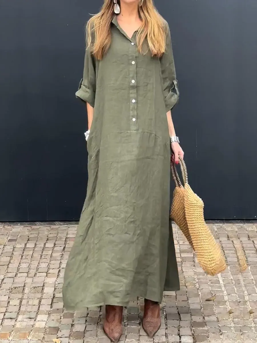 Women's V-Neck Linen Pocket Dress