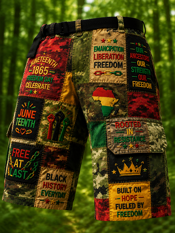 Men's Juneteenth Freedom Patchwork Camo Art Print Casual Shorts