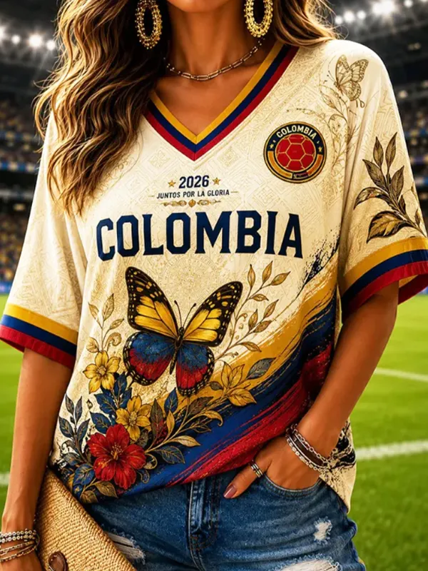 Women's Colombia Football Floral Butterfly Gradient Print Casual V Neck T-Shirt