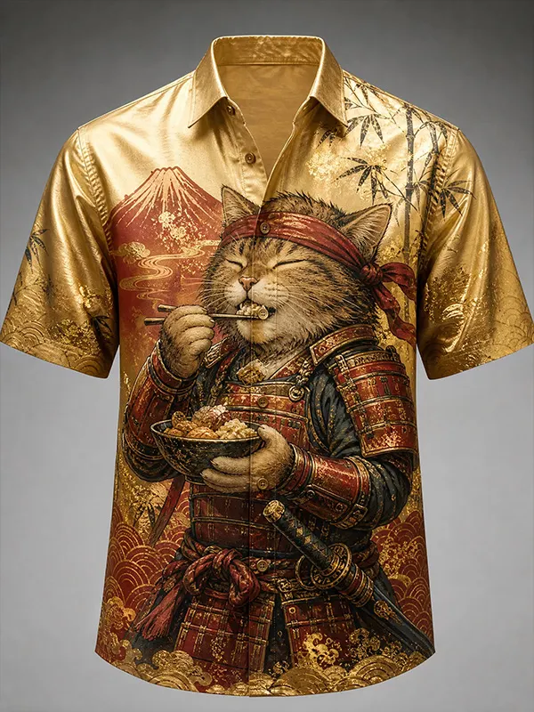 Men's Samurai Cat Eating Sushi Fuji Bamboo Art Print Shirt