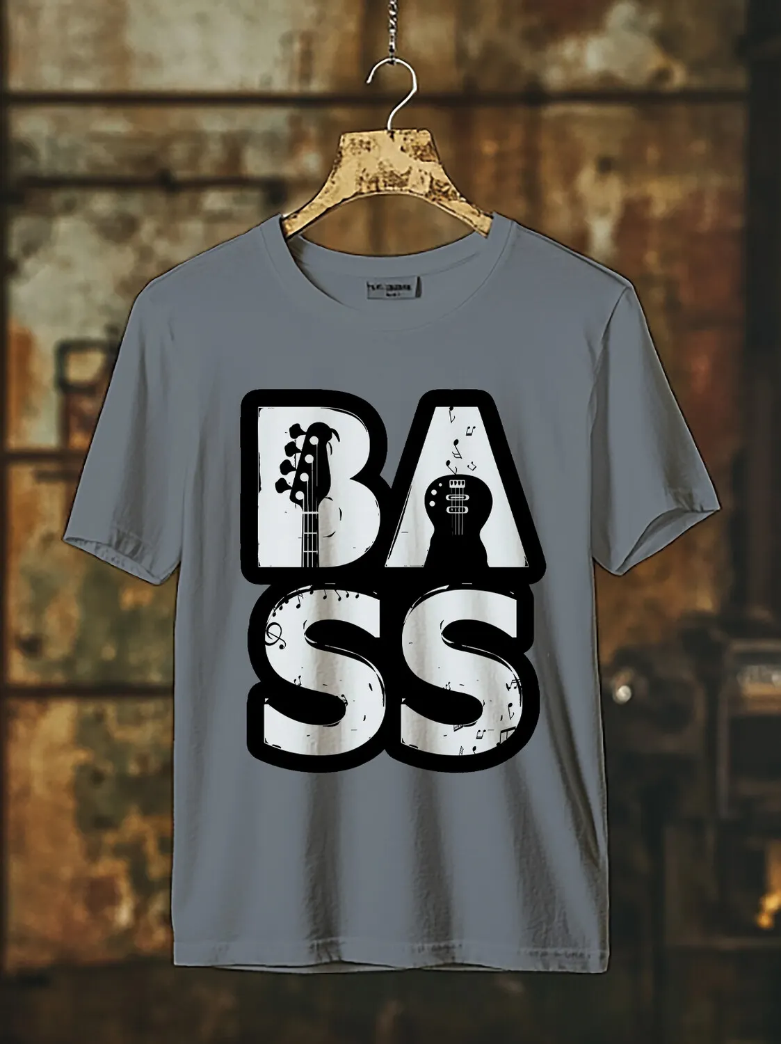 Men's Bass Guitar Music Note Print Cotton Casual T-Shirt