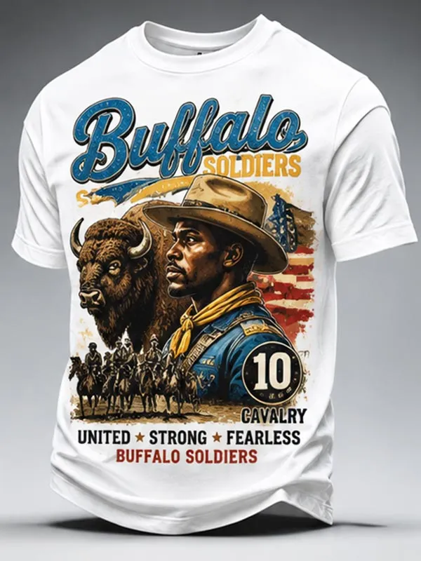 Men's Buffalo Soldiers Historical Tribute United Strong Fearless Print Casual T-Shirt