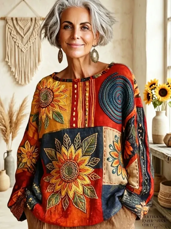 Women's Retro Floral And Geometric Patchwork Print Long Sleeve T-Shirt