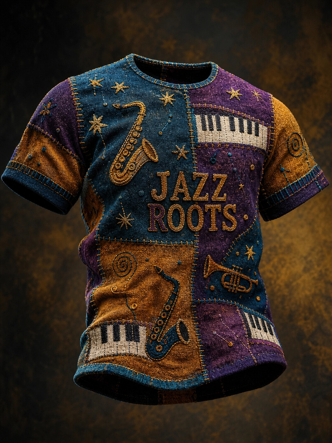 Men's Jazz Roots Saxophone And Piano Patchwork Print T-Shirt