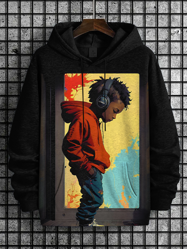 Men's Cool Black Boy Love Music Illustration Print Casual Hoodie