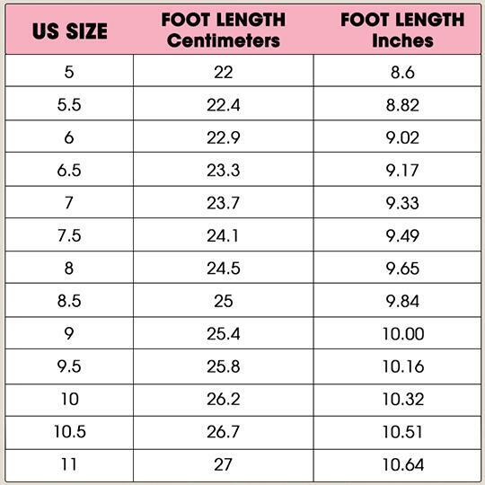 US shoe size chart with foot length in centimeters and inches