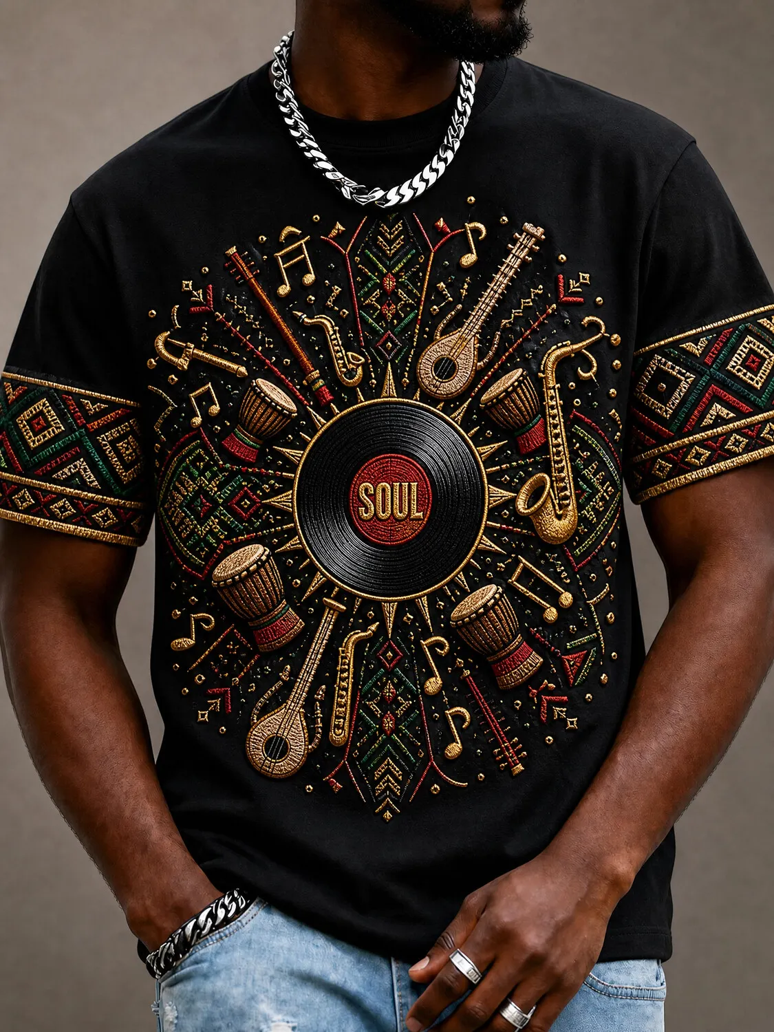 Men's Soul Music Vinyl Record African Musical Instruments Print T-Shirt