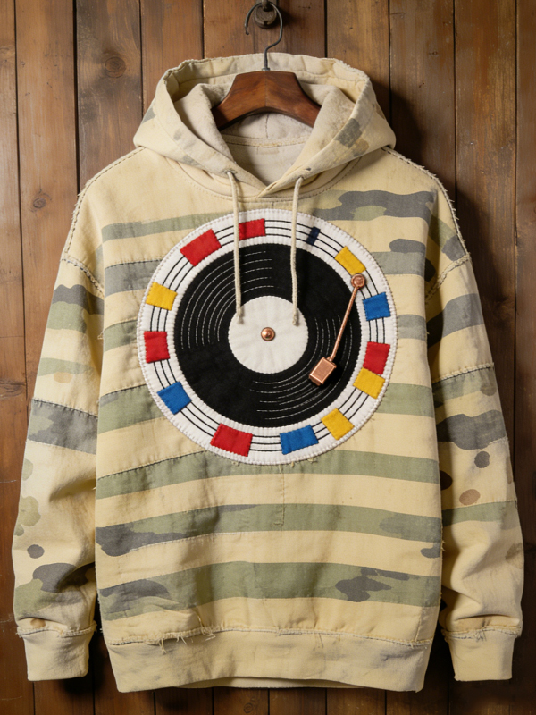 Men's Retro Record Music Print Casual Hoodie
