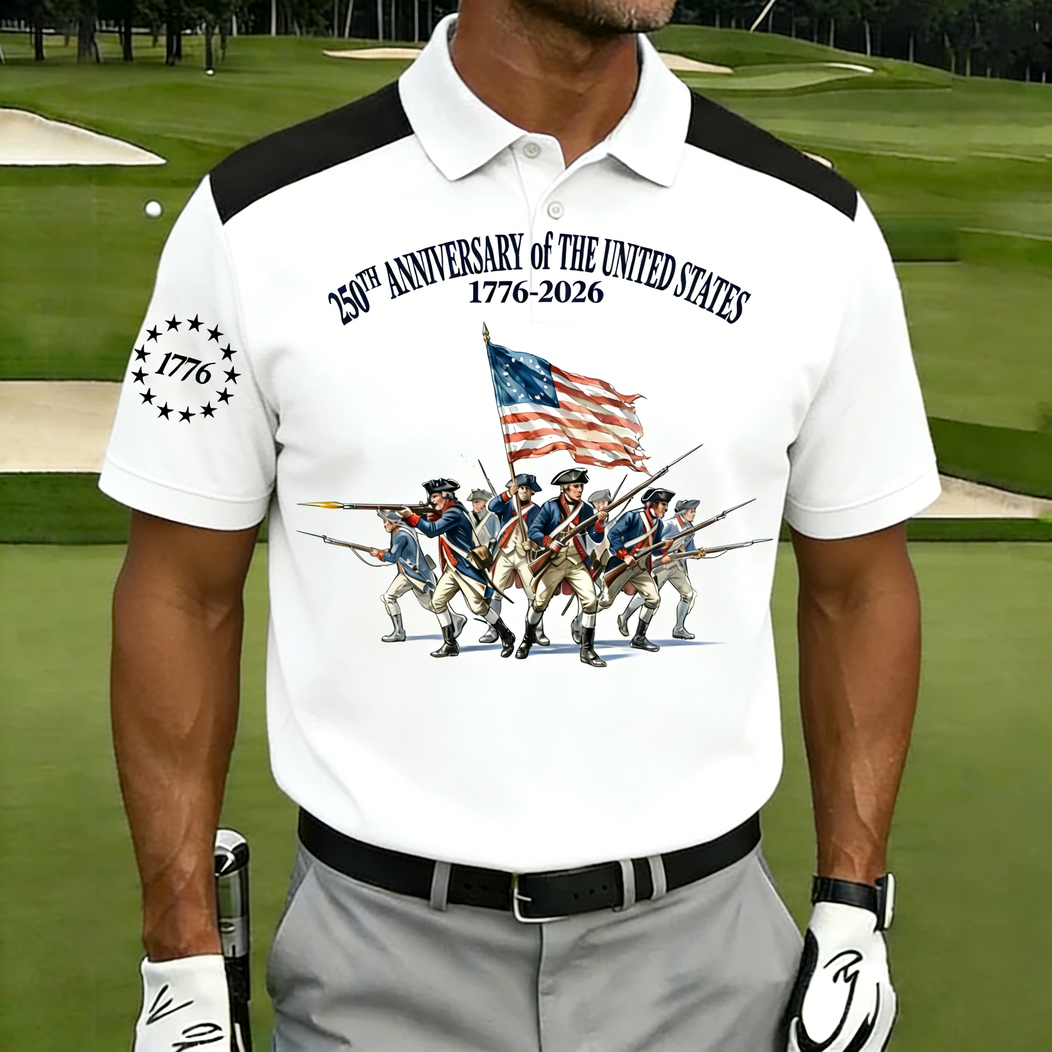 Men's 250th Anniversary US Revolutionary Soldier Polo Shirt | Patriotic Short Sleeve Golf Tee