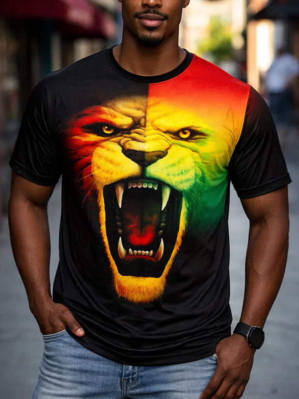 Men's Reggae Colored Lion Print Casual T-Shirt