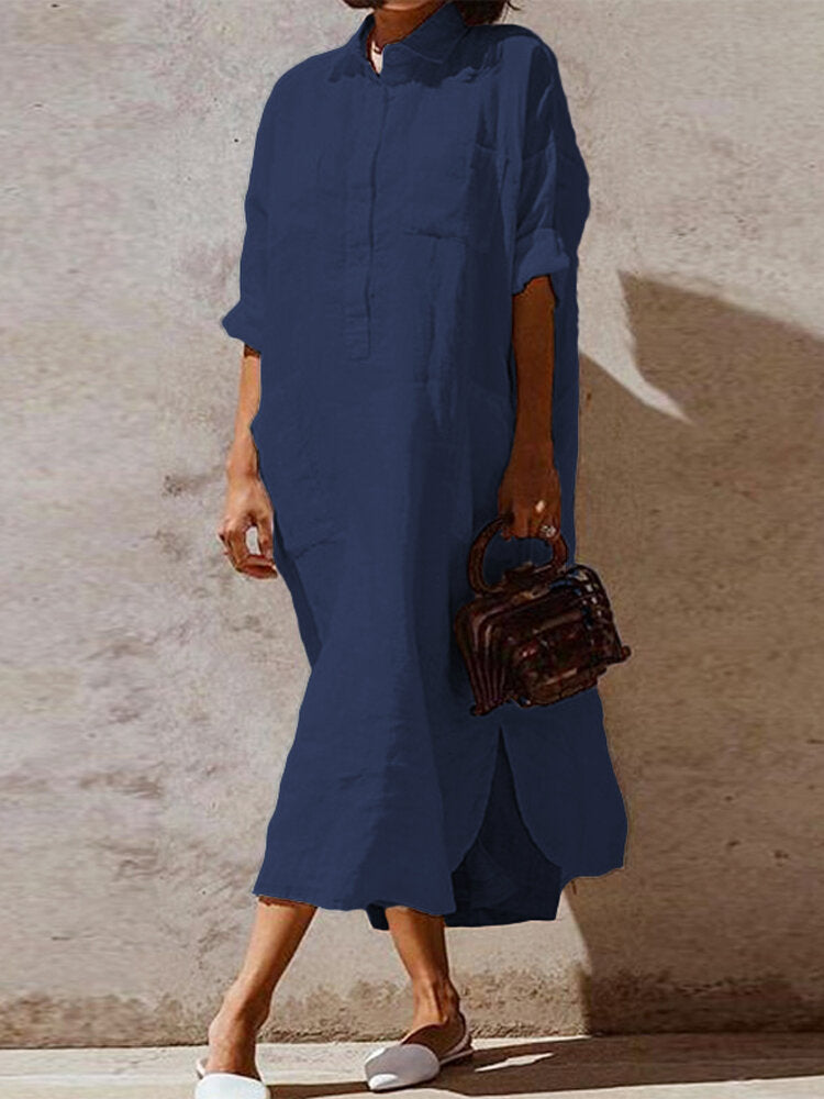 Mono Color Button Lapel Irregular Hem Shirt Women Maxi Dress