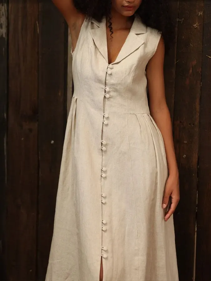 Women's Casual Solid Color Lapel Sleeveless Button Dress