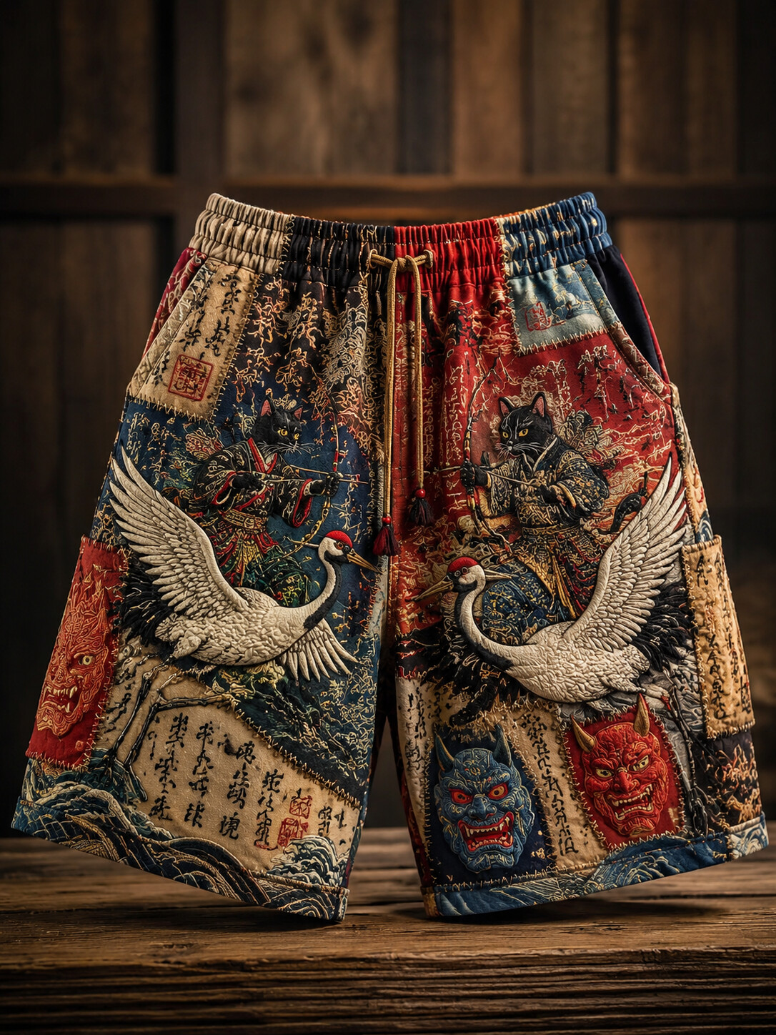 Men's Red-Crowned Crane Hannya Mask Japanese Calligraphy Art Print Casual Shorts