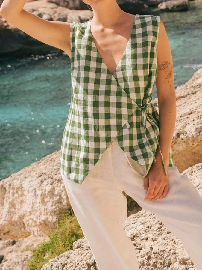 Women's cotton and linen plaid tie sleeveless shirt