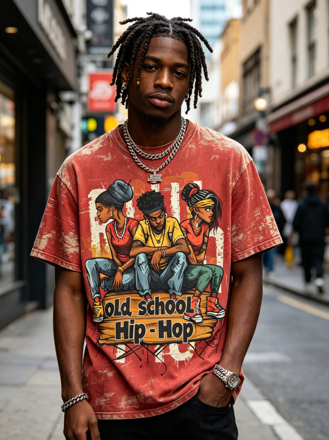 Men's Vintage Distressed Old School Hip-Hop Art Print T-Shirt