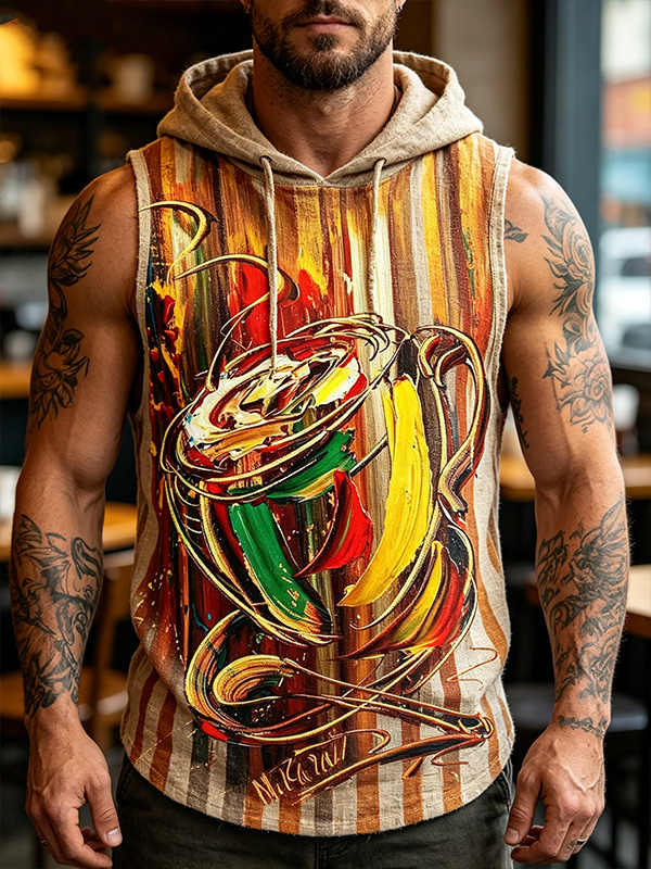 Men's Coffee Oil Painting Art Print Hooded Tank Top