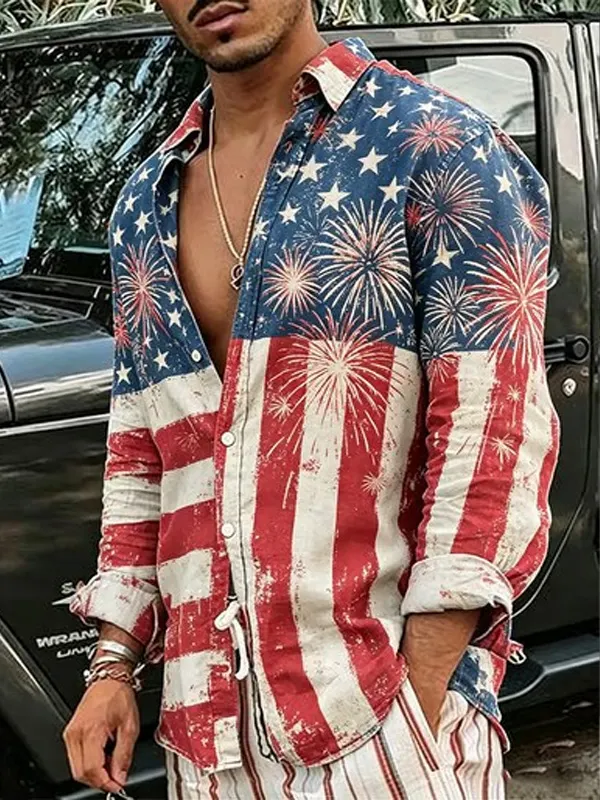 Men's Retro American Flag Fireworks Print Long Sleeve Shirt
