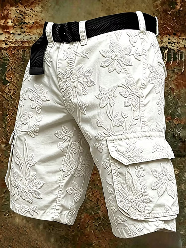Men's Retro Embroidered Floral Art Print Cargo Shorts