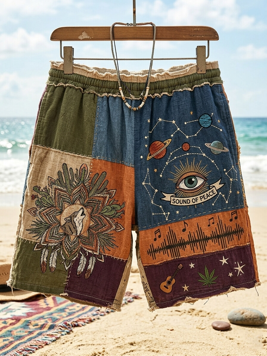 Men's Sound of Peace Mysterious Eye and Wolf Colorblock Print Casual Shorts