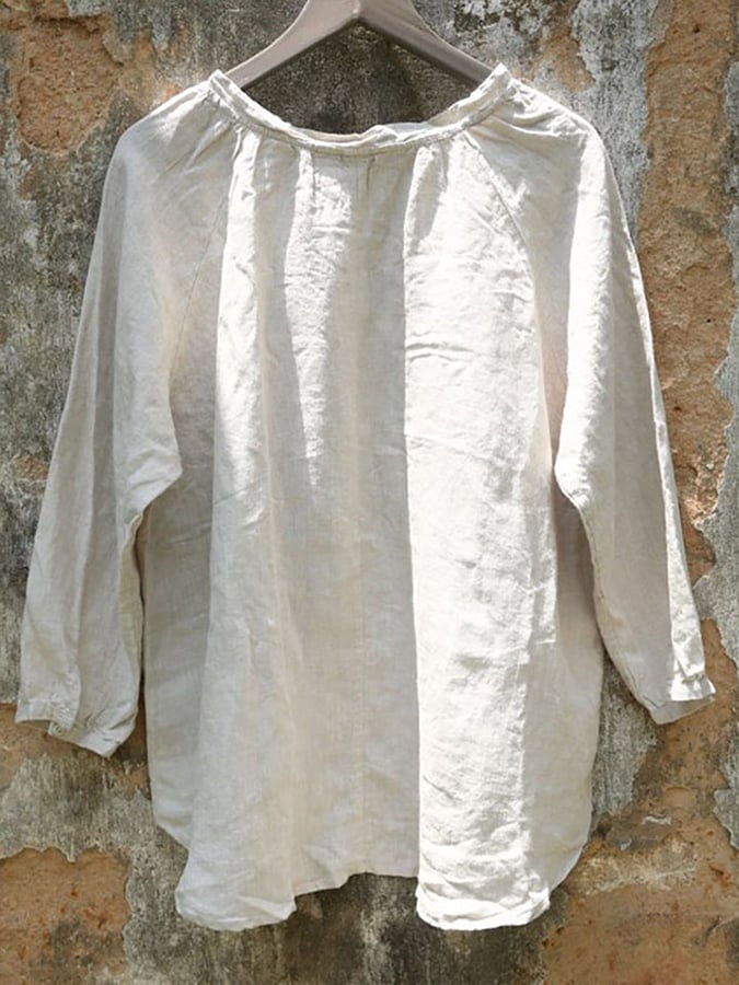 Women's Spring Solid Color Cotton Linen Loose Long Sleeve Top