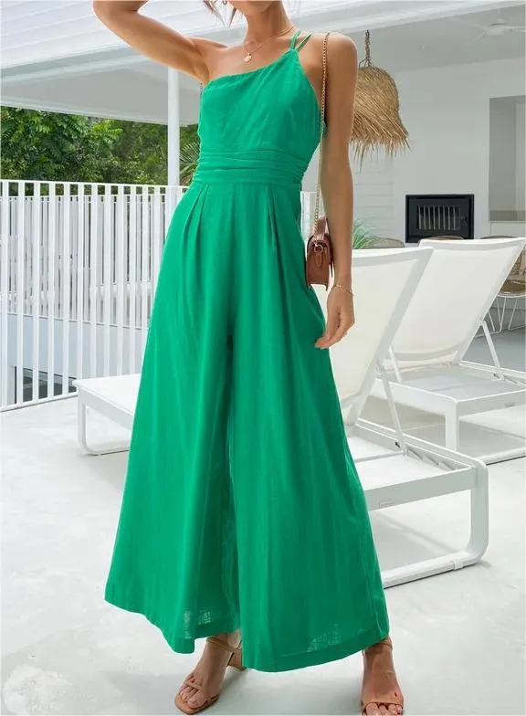 Women's Sexy Sling Waist Pocket Straight Sleeveless Jumpsuit