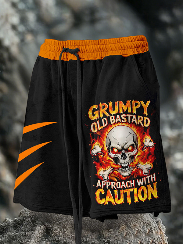 Men's Grumpy Old Bastard Approach With Caution Flaming Skull Art Print Casual Shorts