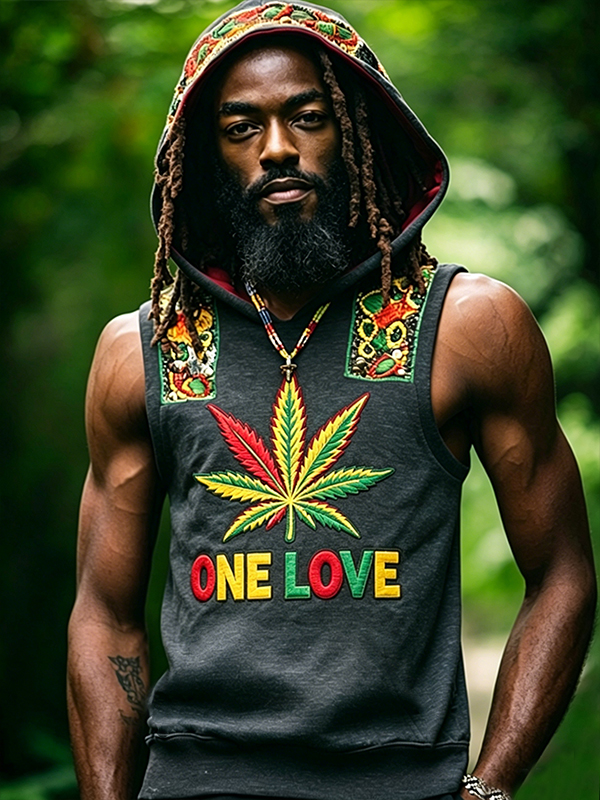 Men's One Love Leaf Hippie Art Print Hooded Tank Top