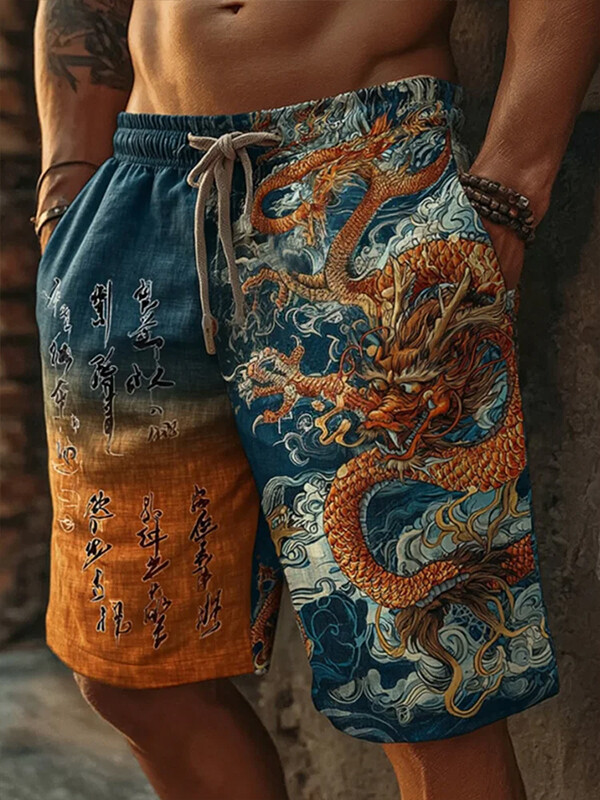 Men's Color Block Dragon Japanese Calligraphy Art Print Casual Shorts