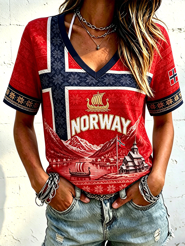 Women's Norway 2026 Norwegian Football Art Print V Neck Short Sleeve T-Shirt