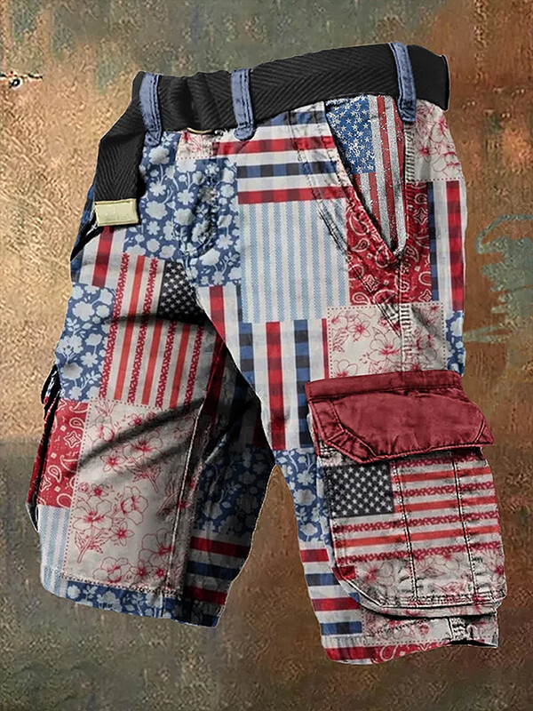 Men's Collage Art Stripe Floral Print Denim-Like Casual Shorts