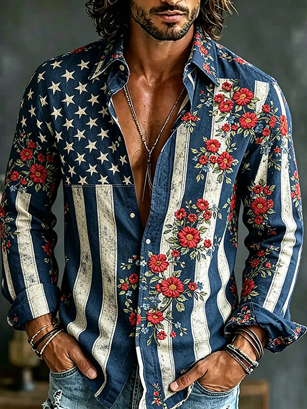 Men's Vintage American Flag Boho Floral Star-Spangled Striped Print Long Sleeve Shirt