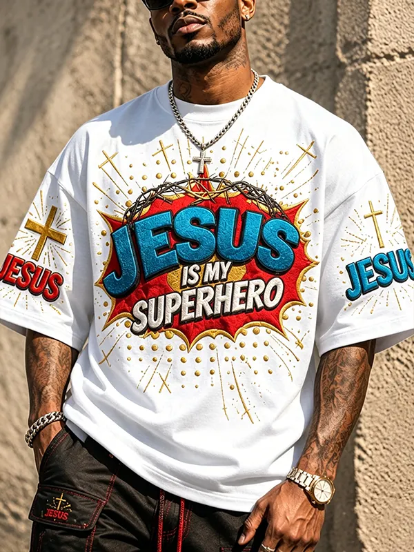 Men's Jesus is My Superhero Cross Graphic Print Cotton Casual T-Shirt