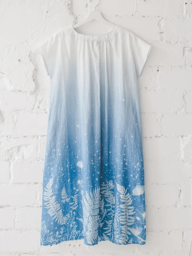 Women's Ombre Grass Print Linen Short Sleeve Dress