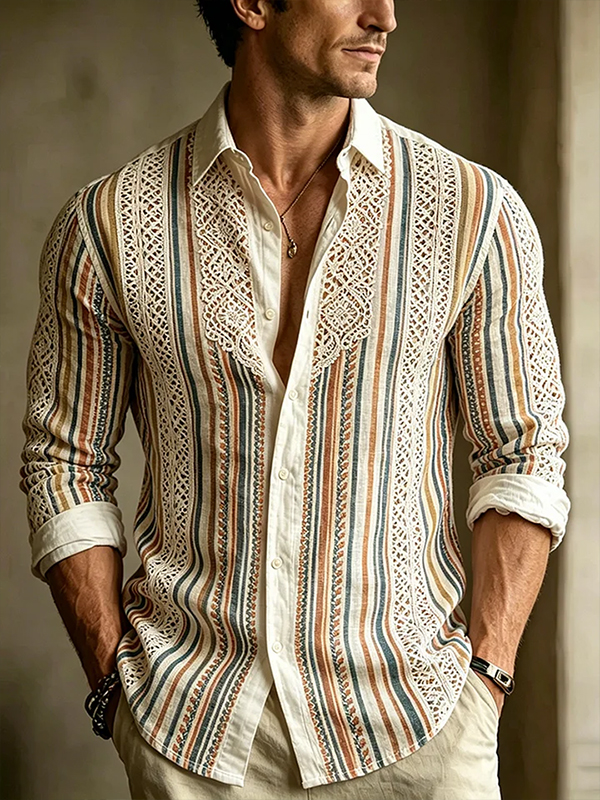 Men's Bohemian Striped Lace Patchwork Print Long Sleeve Shirt