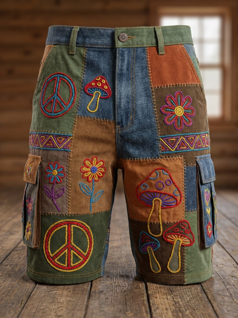 Men's Mushroom Peace Sign Floral Patchwork Hippie Print Casual Shorts