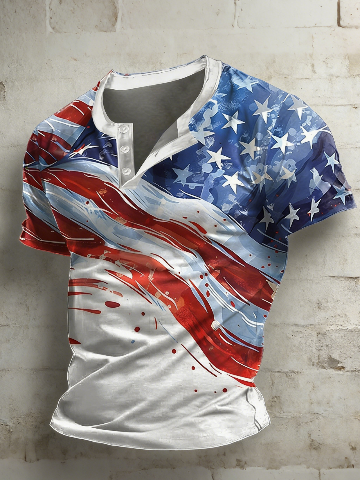 Men's American Flag Watercolor Print Half Button Henley T-Shirt