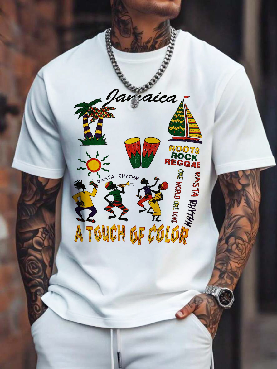 Men's Roots Rock Reggae Afro Art Print Cotton Casual T-Shirt