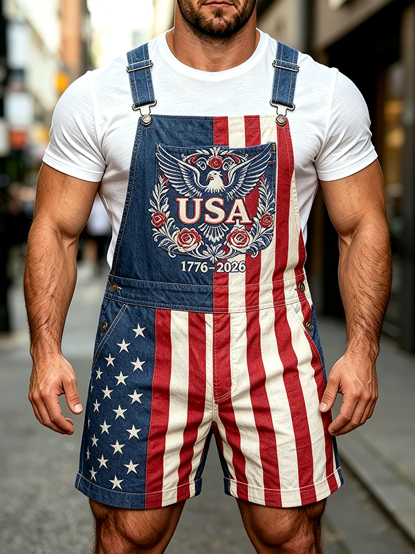 Men's USA Day Flag Stars And Stripes Print Shorts Overalls
