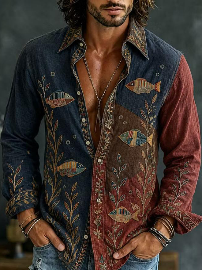 Men's Geometric Collage Art Fish Plants Print Long Sleeve Shirt