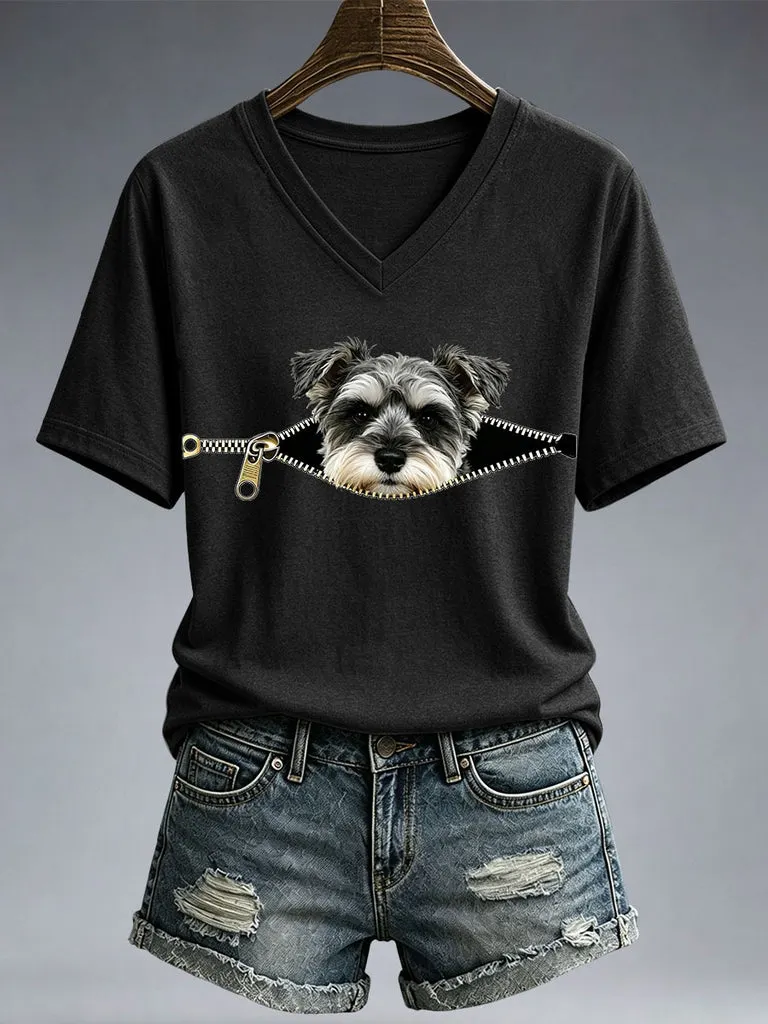 Women's Dog Peeking Out Of A Zipper Print Cotton Casual T-Shirt
