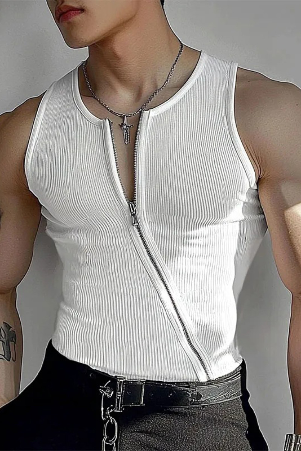 Men's Casual Solid Color Asymmetric Zipper Round Neck Ribbed Knit Slim Fit Tank Top