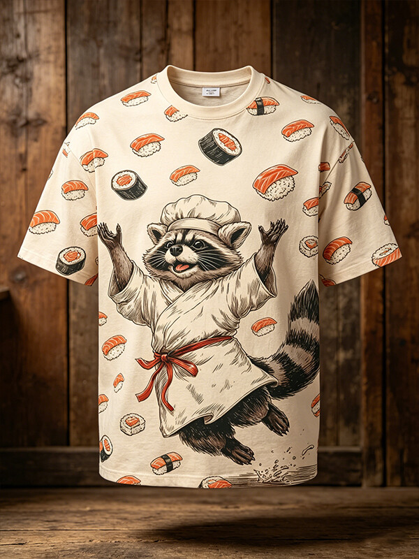 Men's Japanese Sushi Raccoon Chef Print Casual T-Shirt